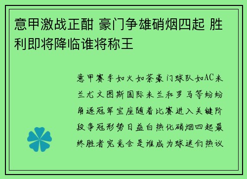 意甲激战正酣 豪门争雄硝烟四起 胜利即将降临谁将称王