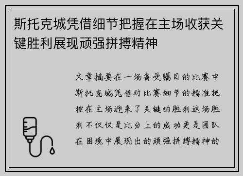 斯托克城凭借细节把握在主场收获关键胜利展现顽强拼搏精神